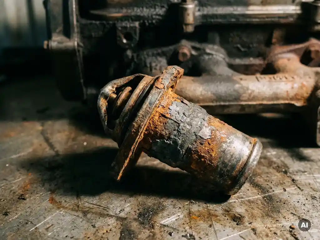 Corroded car engine thermostat valve with rust and exhaust residue on a grimy workshop surface.