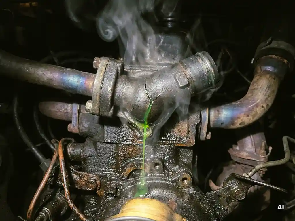 Cracked thermostat housing leaking green coolant onto a corroded engine block with steam rising and heat-stressed metal components visible.