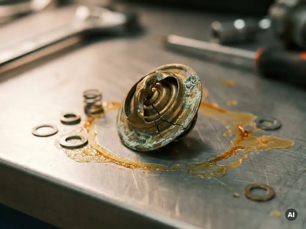 Cracked and corroded wax pellet thermostat on a steel workshop surface with dried coolant residue and small metal components nearby.