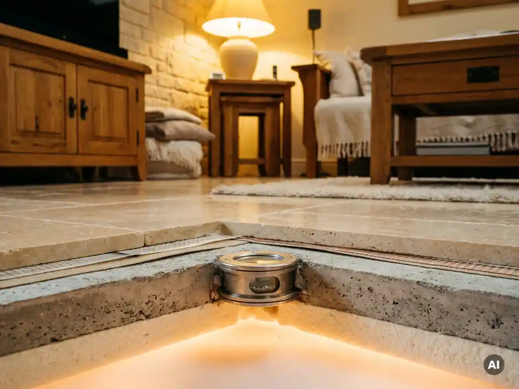 Precision thermostat embedded in a warm floor cross-section, showing layered radiant heating beneath polished stone tiles with amber glow.