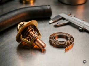 Disassembled wax pellet thermostat and bimetallic strip on stainless steel surface with engine coolant hose and calipers nearby.