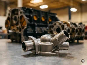 Precision-machined thermostat housing with coolant ports and mounting flanges on a metal workshop surface, engine block blurred in background.