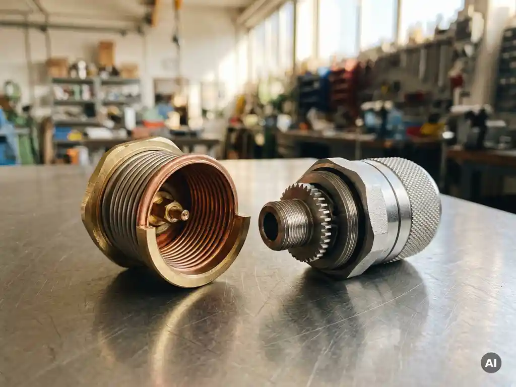 Thermostat valve and brass bellows component on stainless steel surface, macro view showing intricate coiled metal interior and mechanical detail.