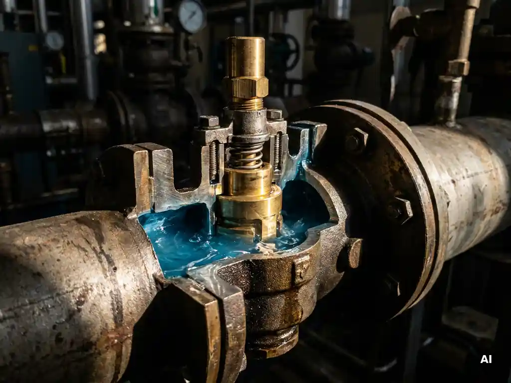 Cross-section of a precision thermostat valve on an industrial pipe, showing coolant flow around a brass wax-element actuator with dramatic side lighting.