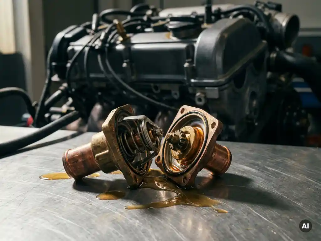 Disassembled car thermostat valve with brass and copper housing, coolant residue visible, blurred engine block in background.