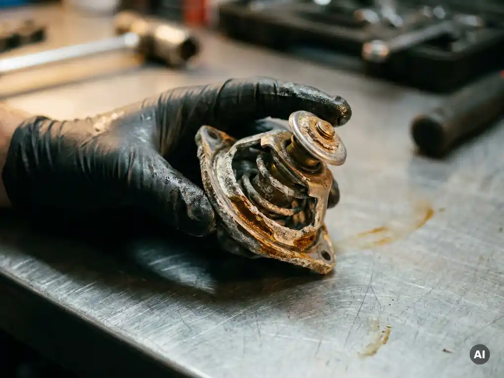 Mechanic inspecting a corroded thermostat valve with mineral deposits and coolant stains under workshop lighting.