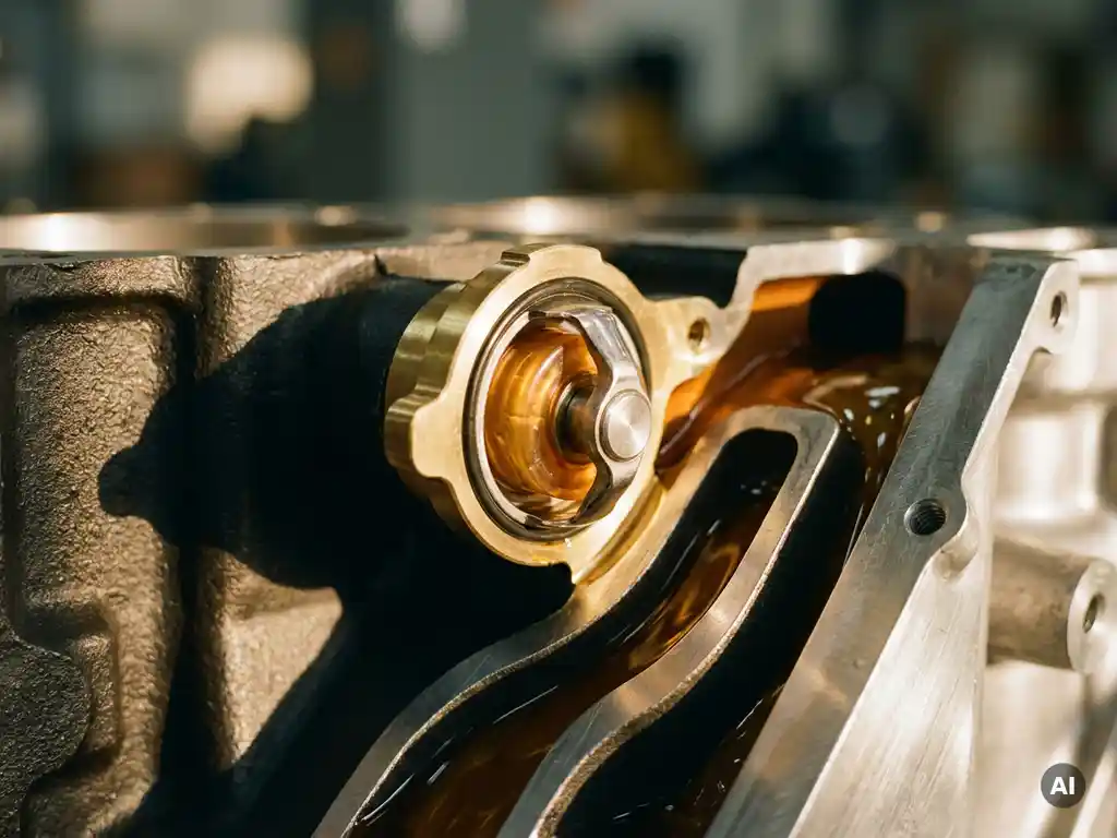 Cutaway thermostat valve exposing a waxy wax element inside a brass housing with coolant channels in an engine block.