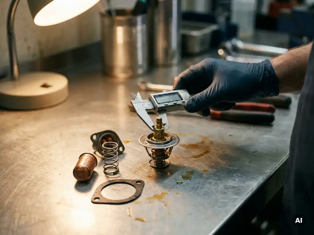 Gloved technician measuring a disassembled wax pellet thermostat valve stem with precision calipers on a steel workshop surface.