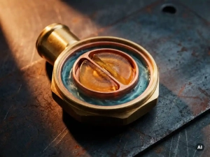 Cross-sectioned wax thermostat element revealing internal wax core inside a polished brass valve housing with coolant channels visible.