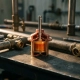 Cross-sectioned wax thermostat element revealing copper housing and wax core, surrounded by industrial steel pipes and pressure fittings.
