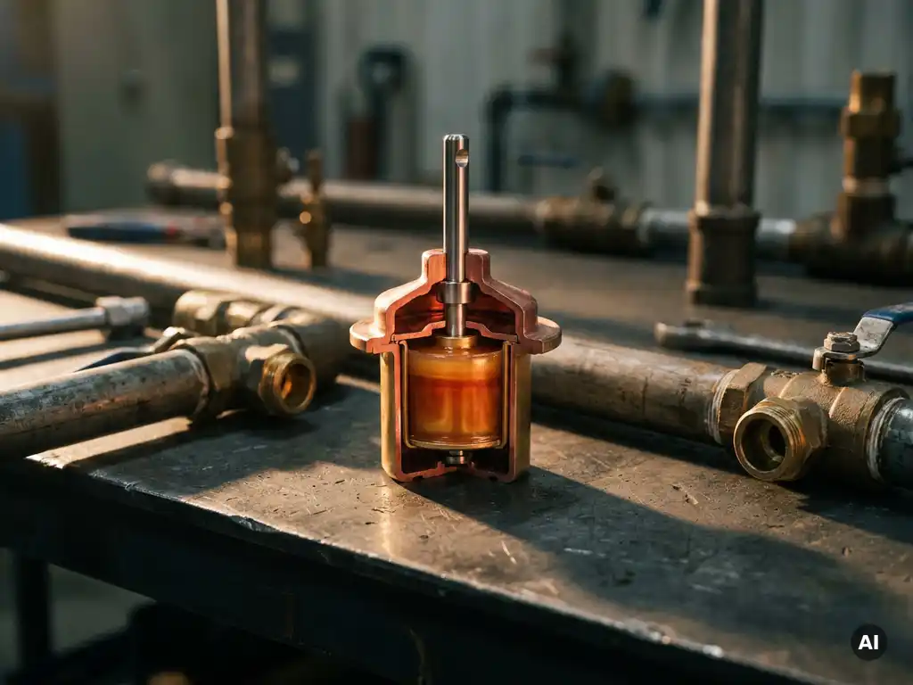 Cross-sectioned wax thermostat element revealing copper housing and wax core, surrounded by industrial steel pipes and pressure fittings.