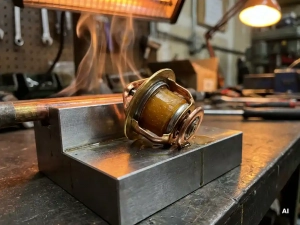 Cross-sectioned wax thermostat element revealing waxy interior on a precision machined metal surface with heat shimmer in warm workshop lighting.