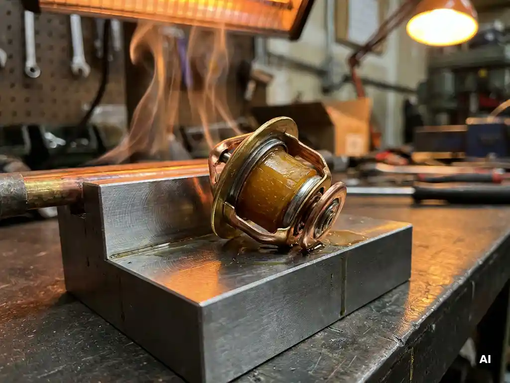 Cross-sectioned wax thermostat element revealing waxy interior on a precision machined metal surface with heat shimmer in warm workshop lighting.